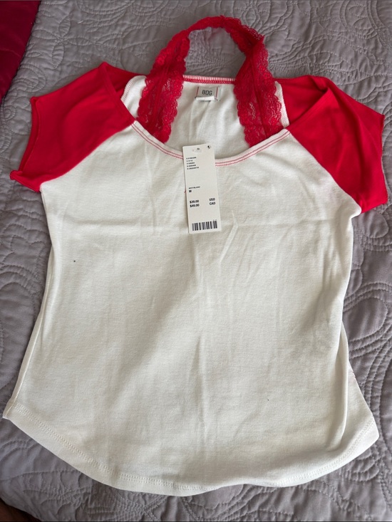 BDG Tops - Urban Outfitters BDG White Tee with Red Raglan Sleeves and Lace Halter